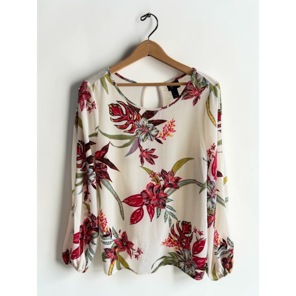 Daytrip Womens Tropical Floral Long Sleeve Blouse Cream‎ Red Tie Back Size M